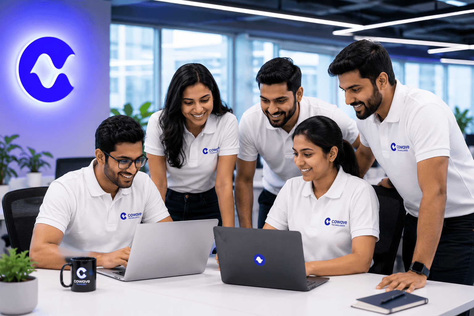 Cowave Technologies advisory team collaborating around laptops in their modern Colombo office
